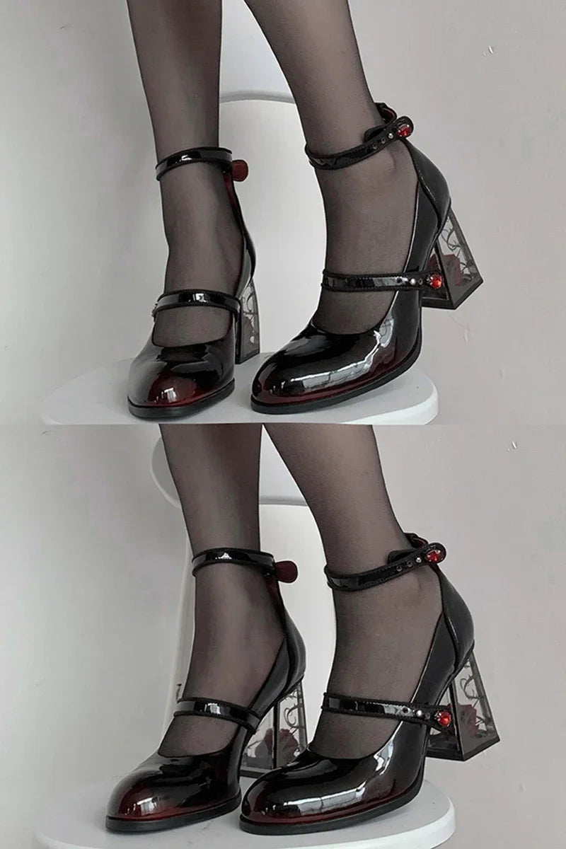 Punk Gothic High Heels Pumps Woman Ankle Straps Black Mary Jane Shoes Women 2025 New Rose Heeled Patent Leather Lolita Shoes