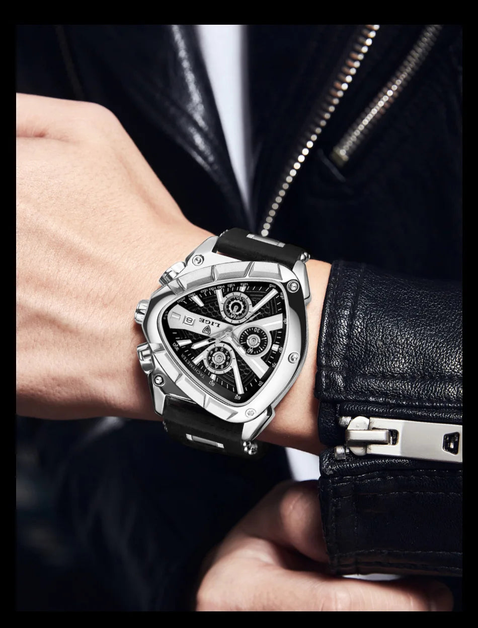 LIGE Sports Triangle Mens Watches Luminous Pointers Fashion Rubber Strap Military Irregular Quartz Wristwatch Waterproof  Watch