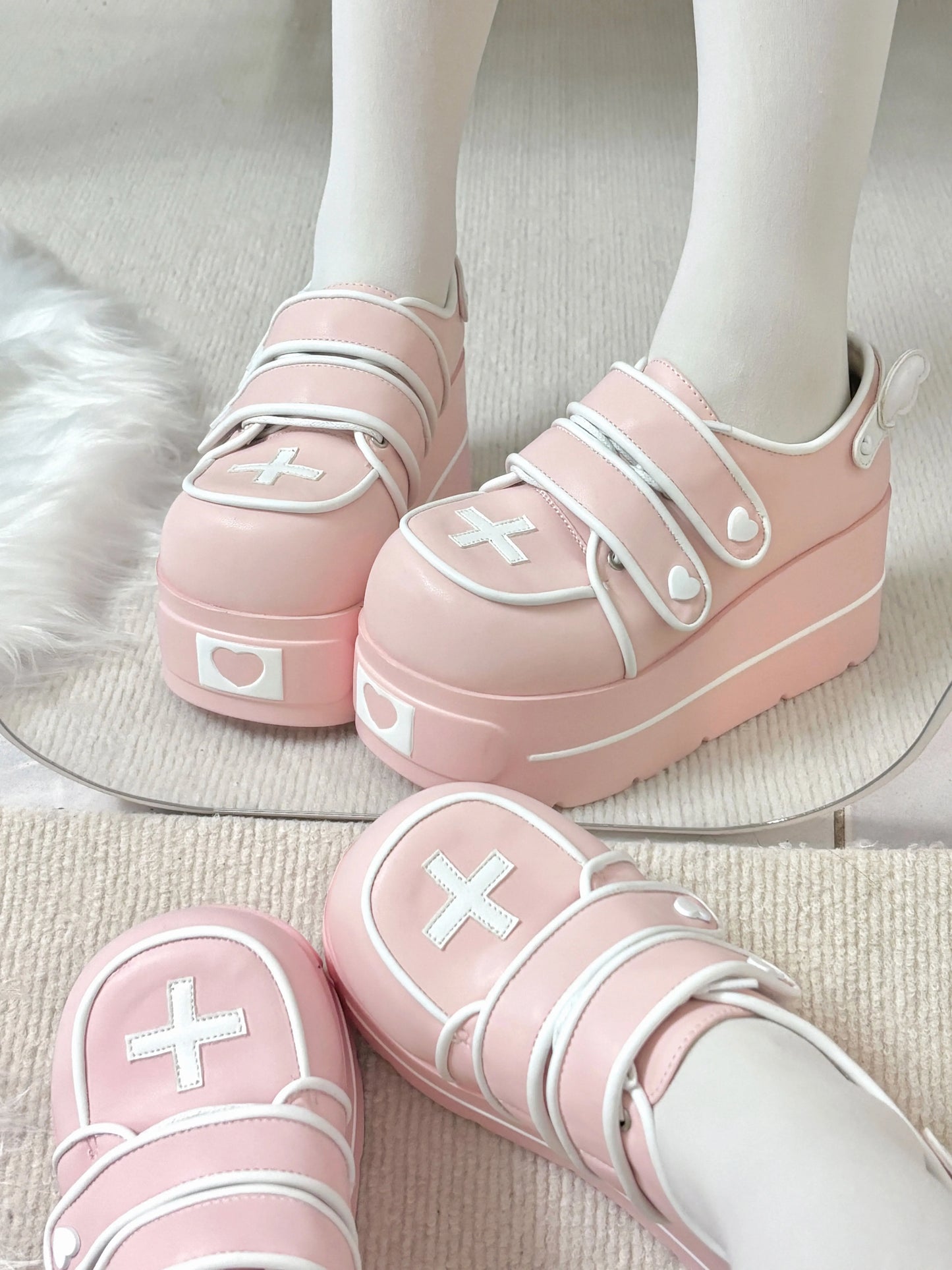 Original Japanese Cute Cross Print Thick-soled Muffin Shoes Subculture Sweet Cool Girl Round Head Pu Leather High Heels Women