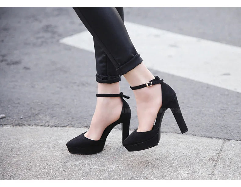 Black Platform Pumps for Women 14cm Spike Heels Ankle Strap Sexy Fashion High Heels Party Wedding Shoes Ladies