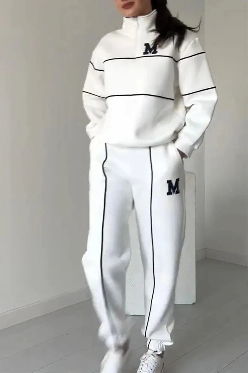 Autumn Winter New Fashion Letter Print Sweatshirt Set Casual Zipper Half Open Collar Long-sleeve Top + Sweatpants Two-piece Suit BAZAARHUBO