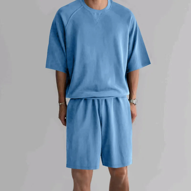 New 2026 Summer Men's Two Piece Sets Casual Loose Short Sleeve O Neck Tees and Shorts Tracksuits Men Stylish Solid Color Suits