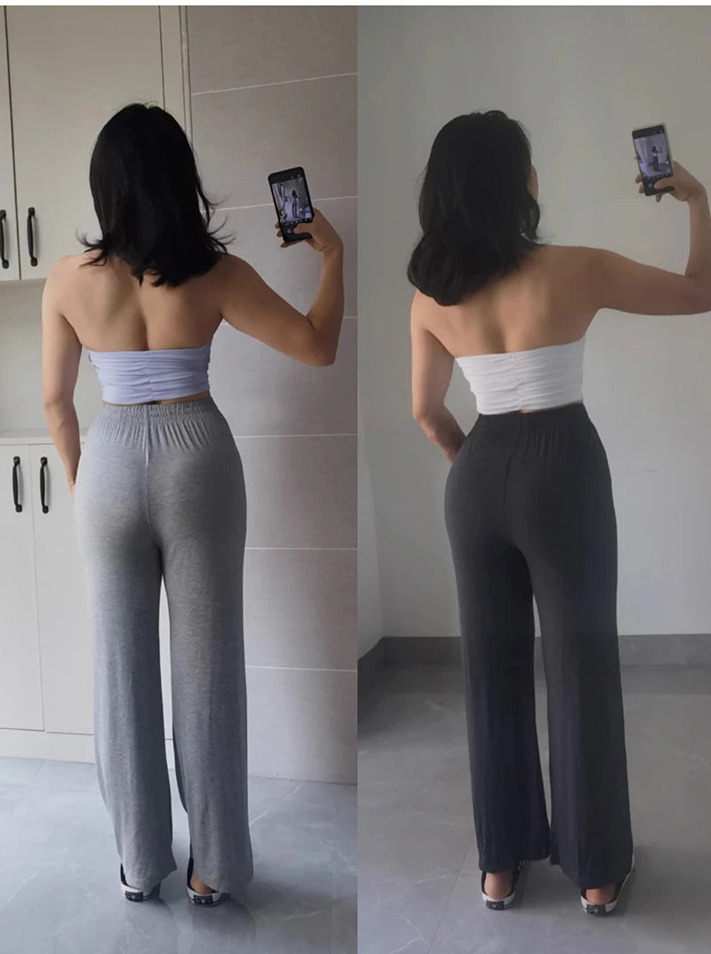 BIVIGAOS Summer Drawstring Ultra-thin Modal Wide Leg Pants Women High Waist Drape Casual Sport Pants Gray Sunscreen Fitness Pant