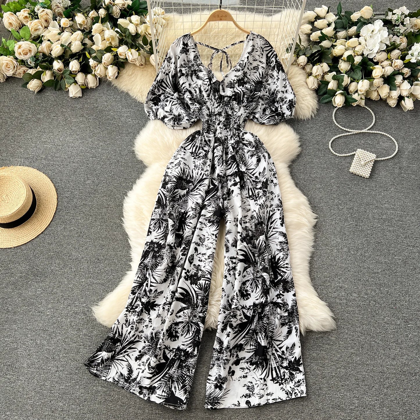 V Neck Sexy Dolman Sleeves Waist Slim Floral Print Jumpsuit Women Wide Leg Trousers Jumpsuit
