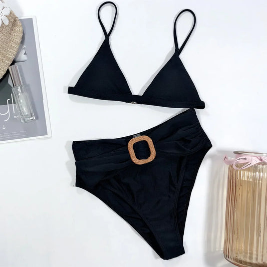 Sexy Bikini Women Swimwear Swimsuit Plain Black High Waist Belt Decor Bikinis Set Bathing Suit Beach Bikini Taille Haute Female