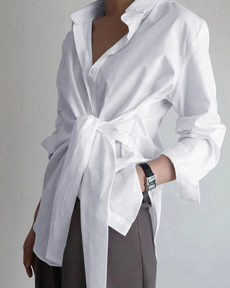 Slim Button White Shirt Women Fashion Tops Office Lady Shirt Loose Long Sleeve Blouse Female Ruched Lace Up Solid Blouse 18659