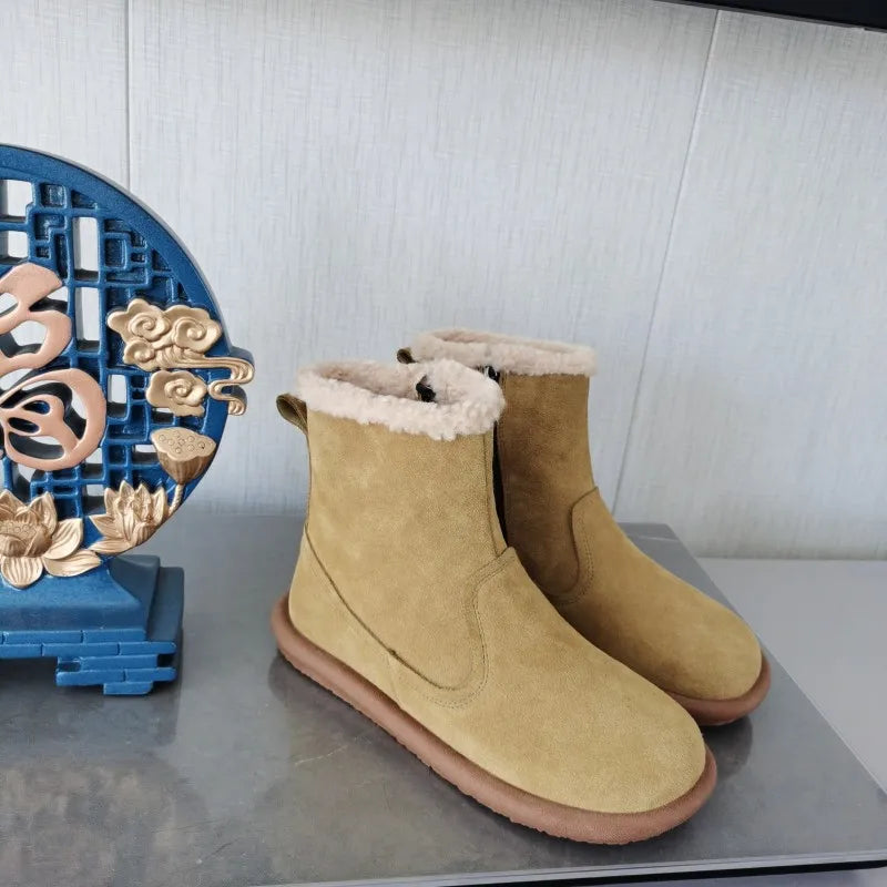 Careaymade-Genuine cow leather Snow cotton round head flats woolen short boots plush warm snow boots Oversized shoes size 35-43
