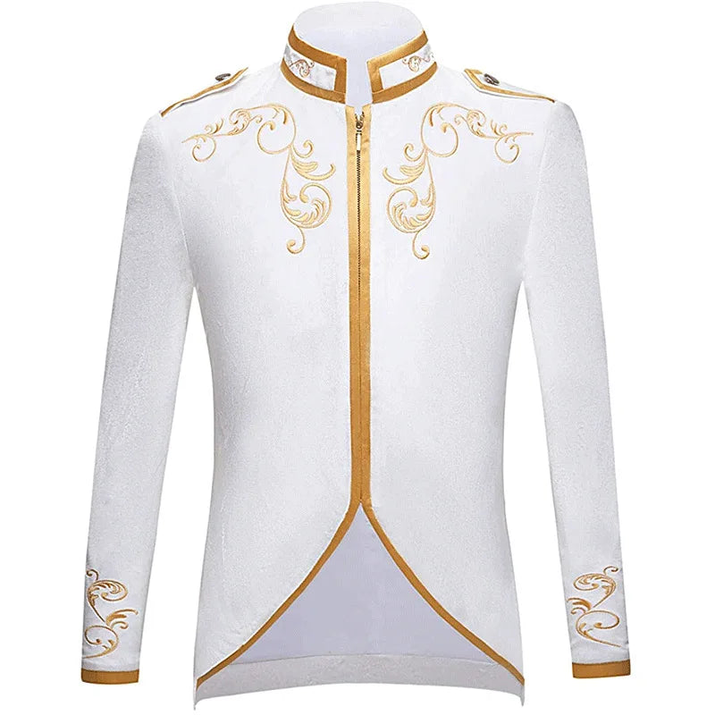 British Style Men Standing Collar Embroidered Suit Jacket Red / Blue Fashion Male Wedding Dance Party Patchwork Dress Coats