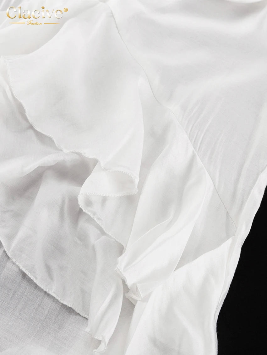 Clacive Sexy Loose White Women's Shirt 2025 Fashion V-Neck Long Sleeve Shirts Elegant Ruffle Irregular Top Female Clothing