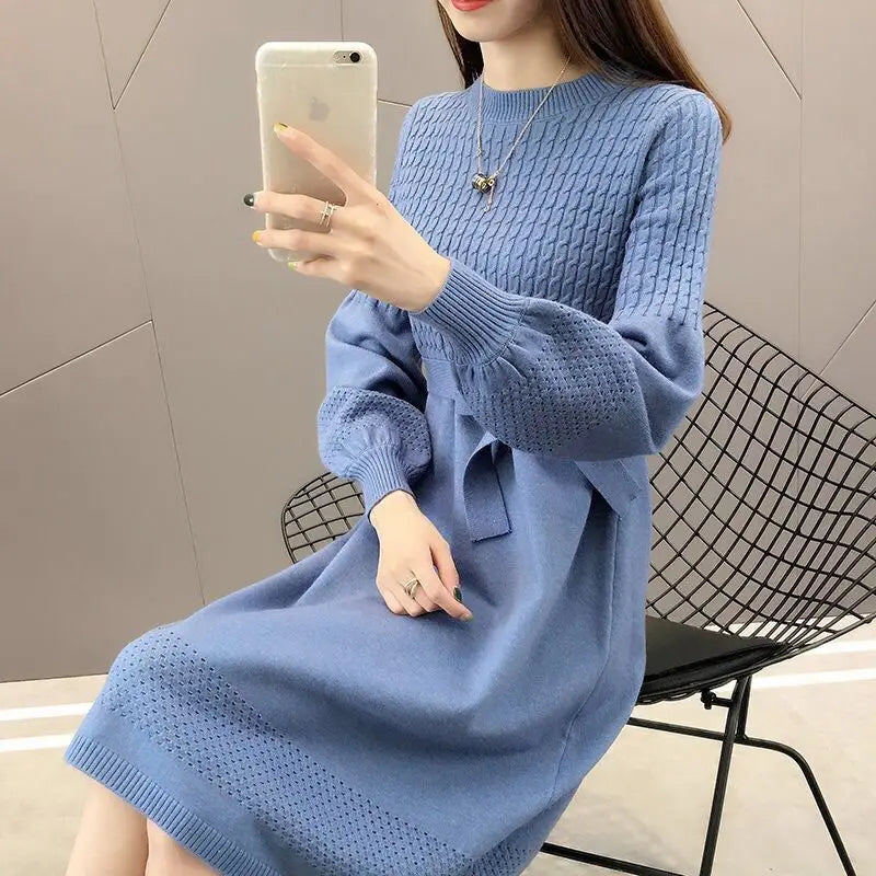 Solid O Neck Long Sleeve Sweaters Jersey Dress Elegant Fashion Harajuku Slim Fit Female Clothes Casual Sweat All Match Dresses
