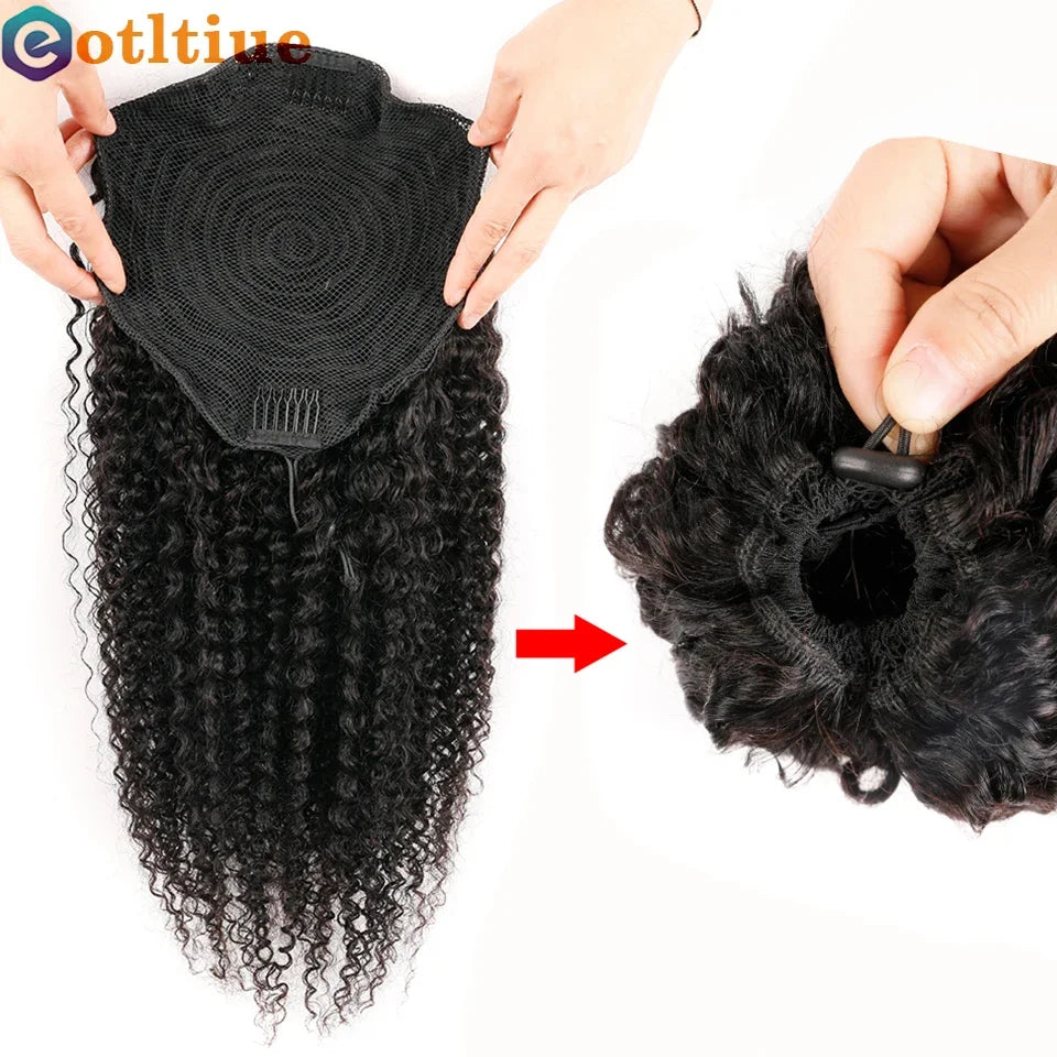 16A Curly Ponytail Extensions Deep Wave Drawstring Ponytail For Women Human Hair With Clip In Thick Ponytail Hair Natural #1B