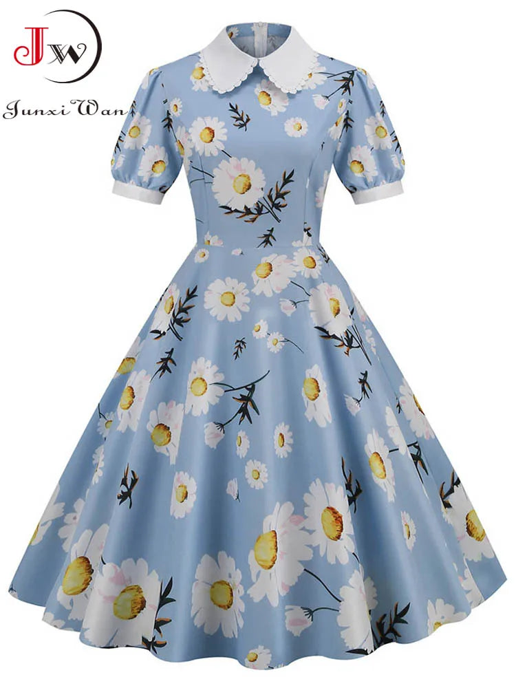 Women Vintage Dress Floral Print Peter pan Collar Elegant Party Dress Puff Short Sleeve Pin Up 50s Party Sundress 3XL