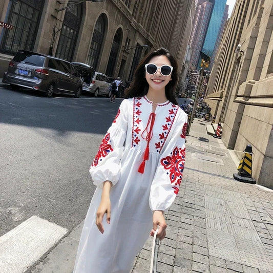 Women Autumn Dresses Bohemian Embroidered Flower O-Neck Lantern Sleeve High Waist Pleated Dress All-match Female Vestidos PL393