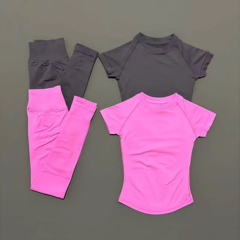 2 Pieces HISTELLO Yoga Set Women Short Sleeve Crop Top Low Waist Butt Lifter Leggings Seamless Breathable Stretch Fitness Sets