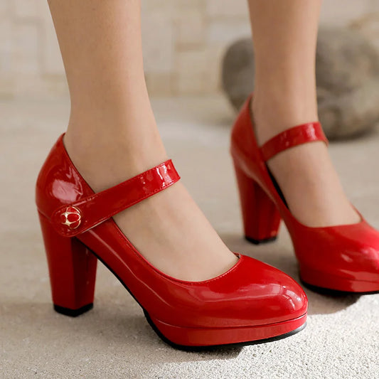 Elegant Women's High Heels Mary Janes Shoes Patent Red Pink White Heeled Party Wedding Shoes Female Dress Pumps Large Size 45