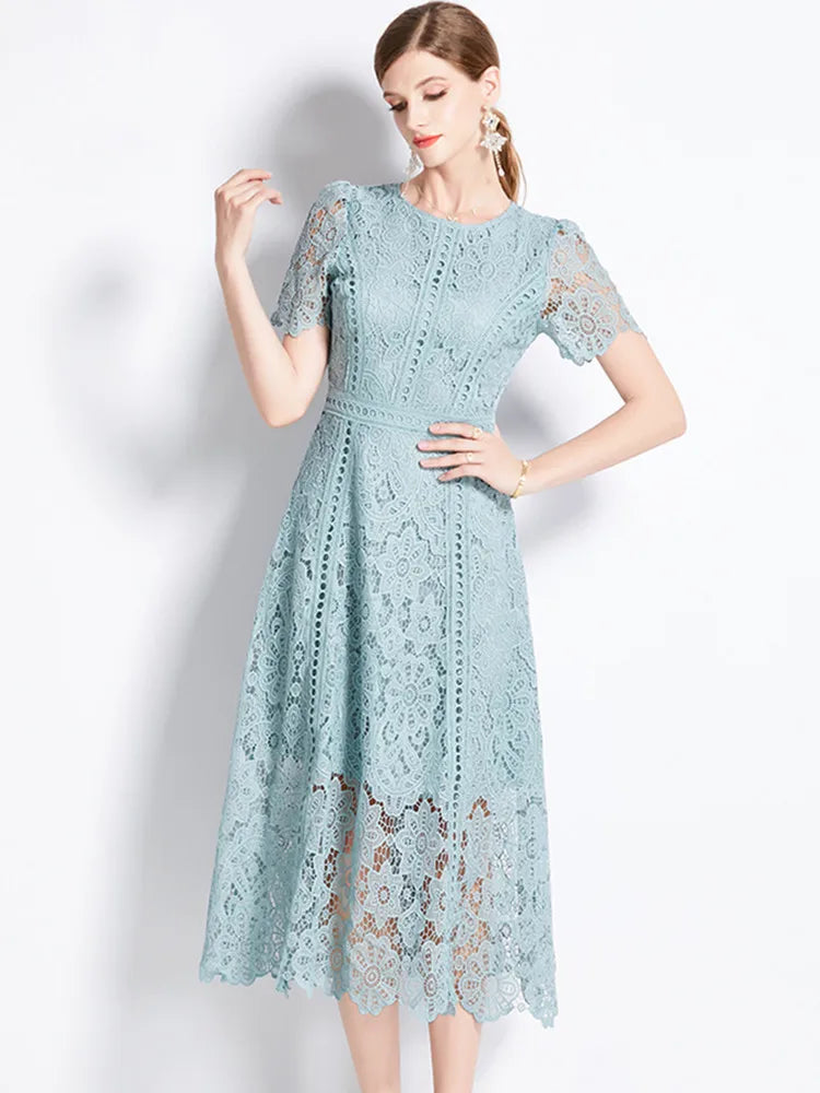 SMTHMA Vintage High-End O-Neck Short Sleeve Lace Hollow Out Dress For Women's Summer Slim Elegant Long Dress Female Clothing
