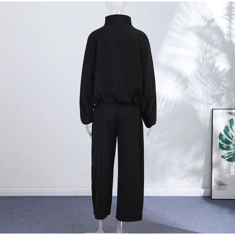 Casual Zipper Shirt Pants Suit Women Solid Button Stand Collar Drawstring Shirts Loose High Waist Trousers 2026 Spring Set Lady