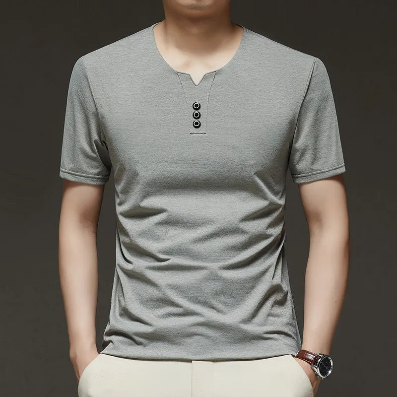 2025 New Men's Business Casual Three Button V-neck Short Sleeved T-shirt Korean Style Summer Comfortable Versatile Top