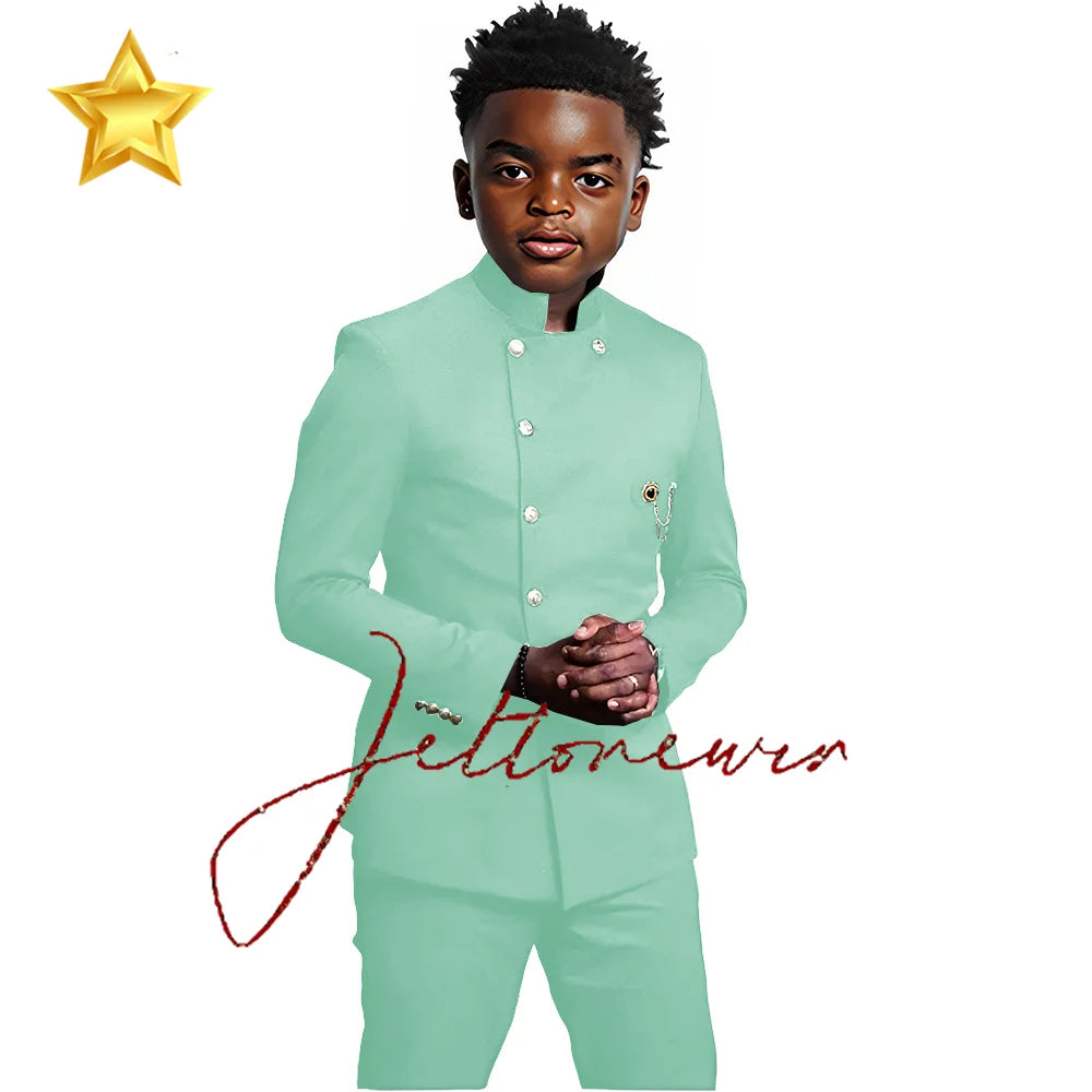 Elegant African Style Boy's Suit Stand Collar Blazer and Pants 2 Piece Casual Business Kids Wear