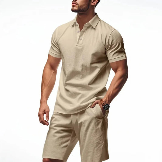 Casual Linen Men's Polo Shirt Short Sleeve Beach Shorts Set Turn-down Collar Summer New Style Men's Fashion Clothing Set