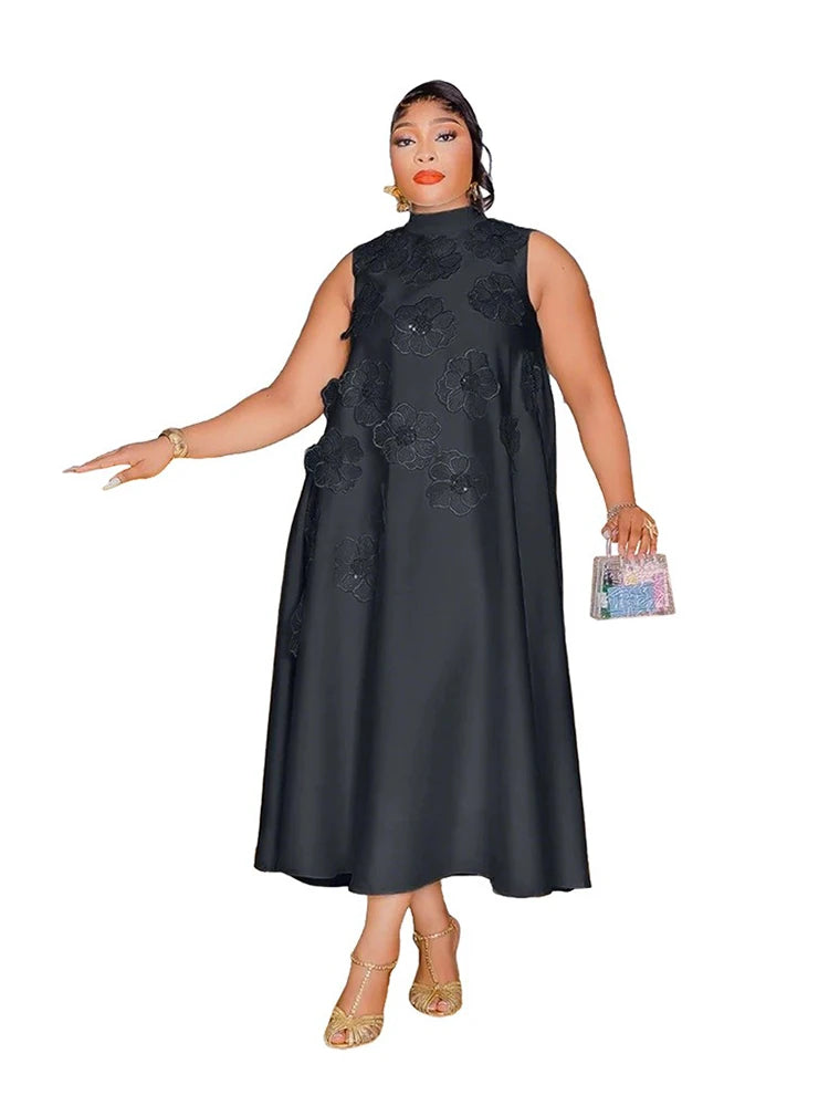 Woman African Traditional Dresses Summer Elegant Sleeveless Dress Stretchy Fake Silk Midi Dresses Luxury Wholesale Dropshipping