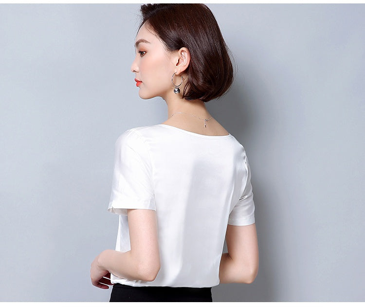 New outer wear silk round neck sling top satin short-sleeved stretch T-shirt large size bottoming shirt women