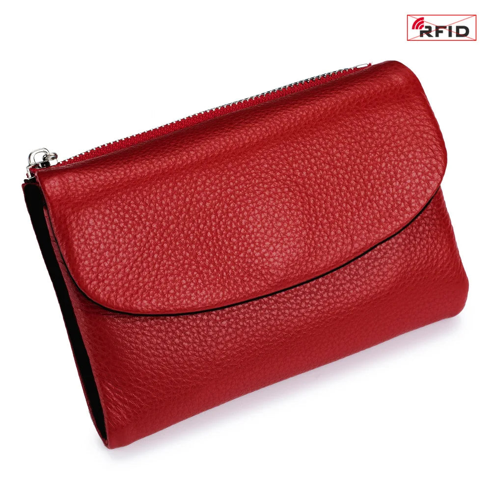 Short Genuine Leather Wallet Women RFID Card Holder Purse Ladies Mini Soft Real Cow Leather Clutch