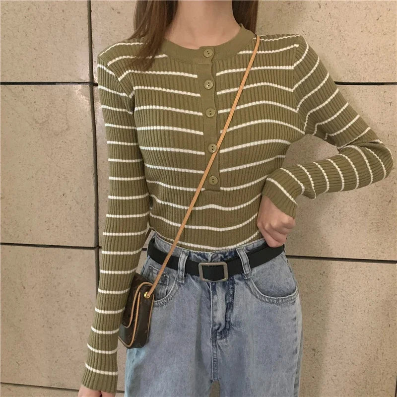 ITOOLIN Women Stripes O-neck Buttoned Up Sweaters Long Sleeve Knitted Sweater Slim Women Jumpers Tops Autumn Winter One Size