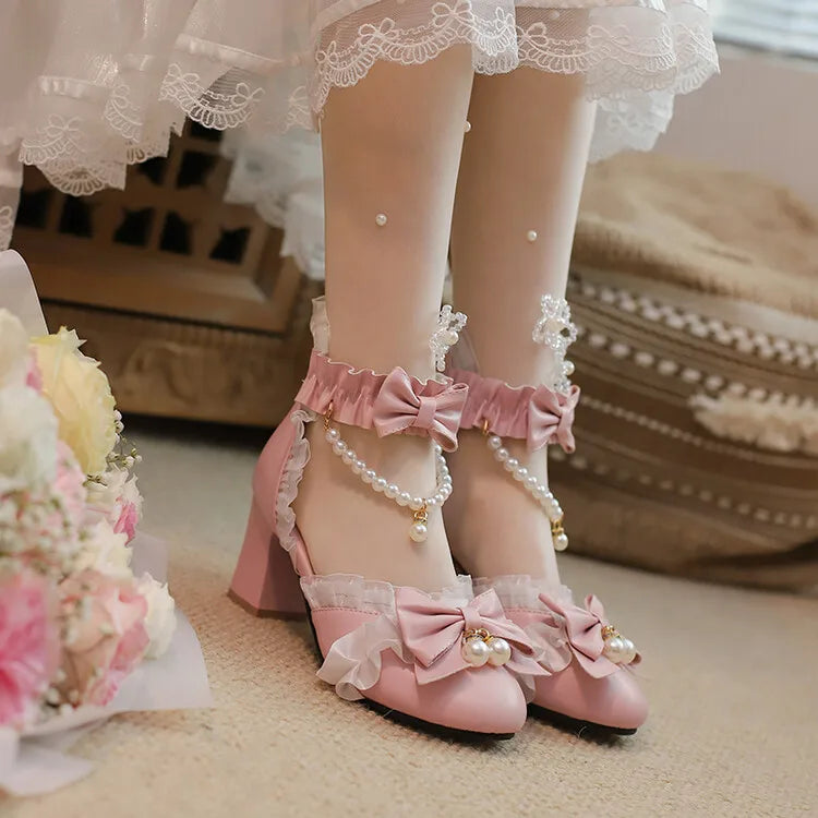 Ochanmeb Sweet Kawaii Girls Lolita Shoes Thick High Heels Cosplay Pumps Bow Knot Pearls Chain Ruffles Lovely Wedding Party Pumps