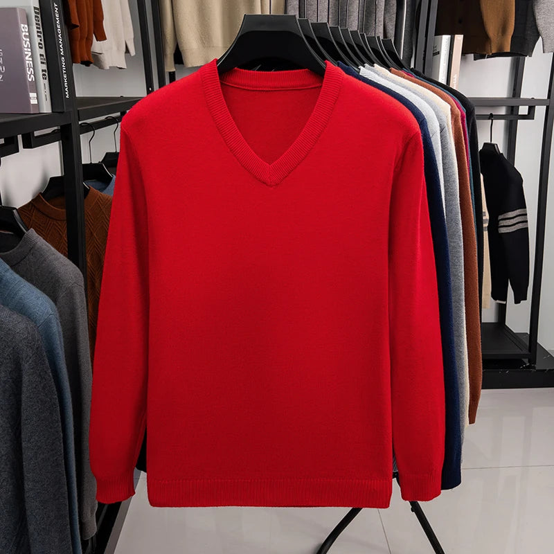 2026 Men's V-Neck Basic Solid Color Sweatshirt Warm Autumn Knitted Oversize Pullover Elastic round Neck Sweater for Casual Wear BAZAARHUBO