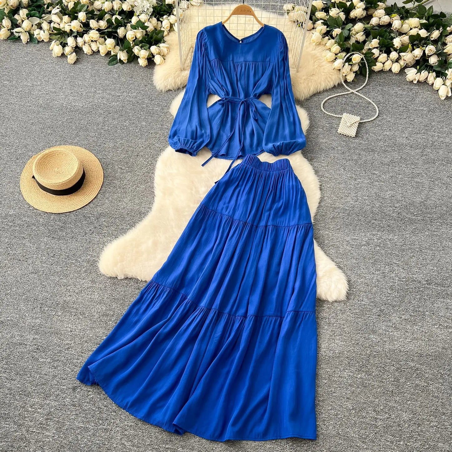 Skirt Set Women Dress Sets Two Piece Sets Round Neck Elegant Casual Loose Tops A Line Long Skirts Elastic Waist Y2k Streetwear