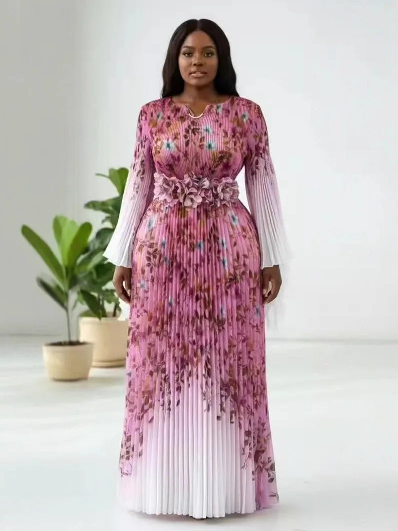 Miyake 2025 African Elegant Dress Autumn Dress New Temperament Celebrity Waist Fashion Long Dress Women's Clothing