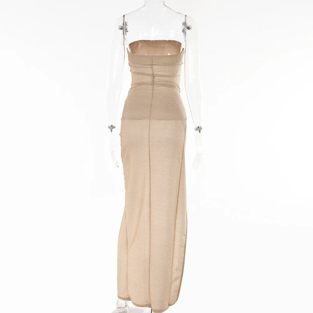 Cryptographic Summer Sexy Strapless Cut Out Slit Maxi Dress Elegant Outfits for Women Sleeveless Glitter Twist Dresses Vestido