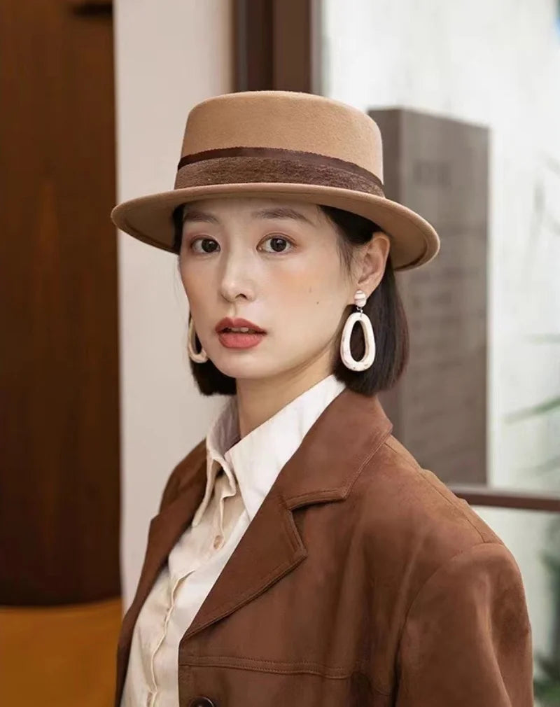 French fashion new autumn and winter all elegant vintage flat top hat women fashion wool felt hat
