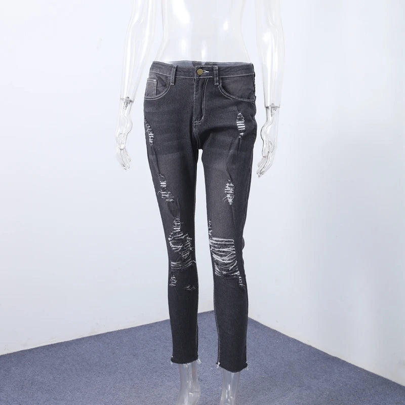 Women Ripped Jeans Low Waist Skinny Denim With Zipper Pockets Blue Y2K Summer