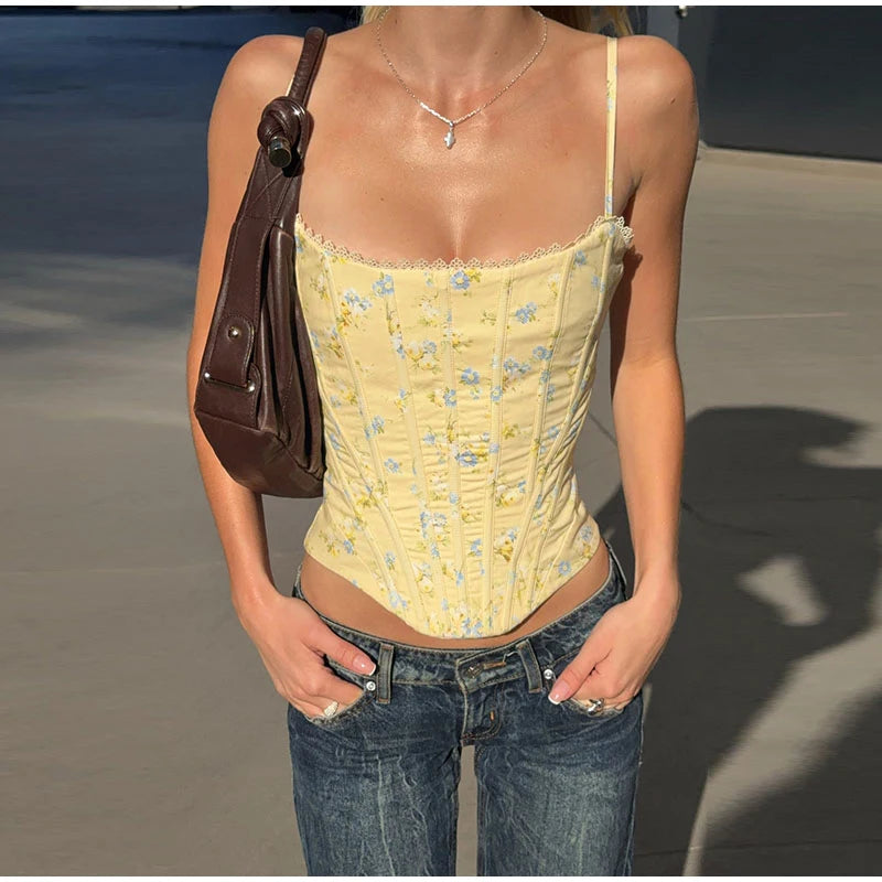 Floral Printed Fish-bone Tank Tops Women's Slim Sleeveless Back Lace-up Waist-cinching Blouses 2026 New Ladies Summer Outfit