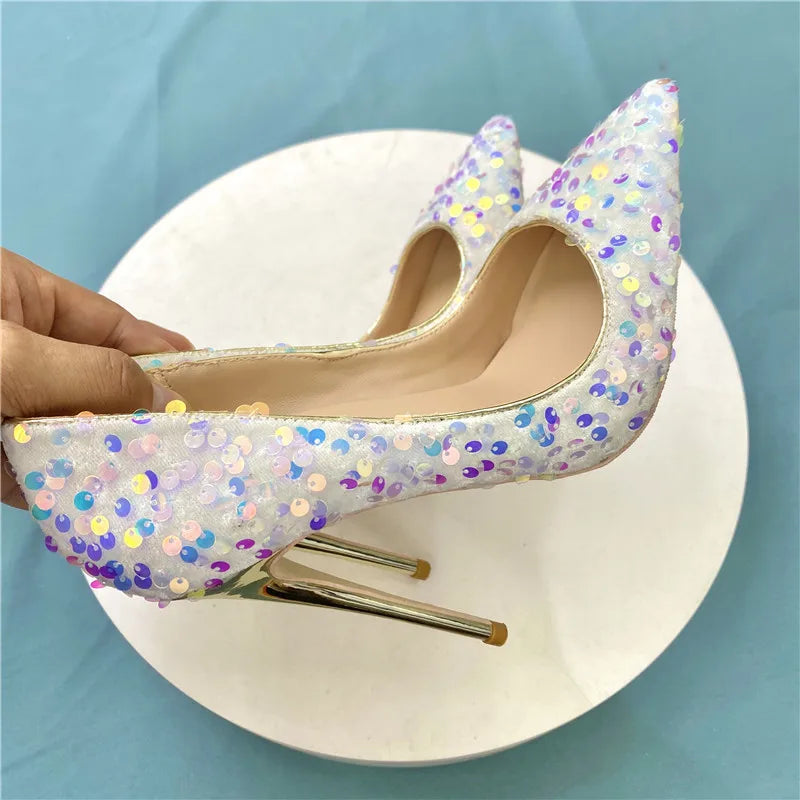 Women Wedding High Heels Fashion Pointed Toe 8CM 10CM 12CM Blingbling Party Dress Shoes Plus Size 45 Glitter Sequis Woman Pumps