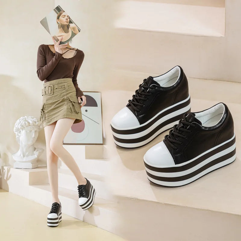 Fujin 12cm Genuine Leather Synthetic Women Autumn Spring Platform Wedge Women Fashion Sneakers Chunky Shoes Vulcanize Skateboard