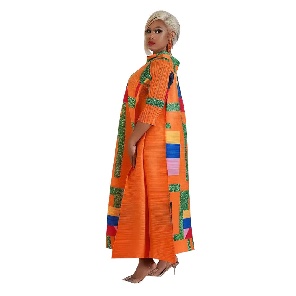 African Dresses for Women Summer Fashion Style African 3/4 Sleeve Polyester O-neck Pleated Dress Dashiki African Clothes Women