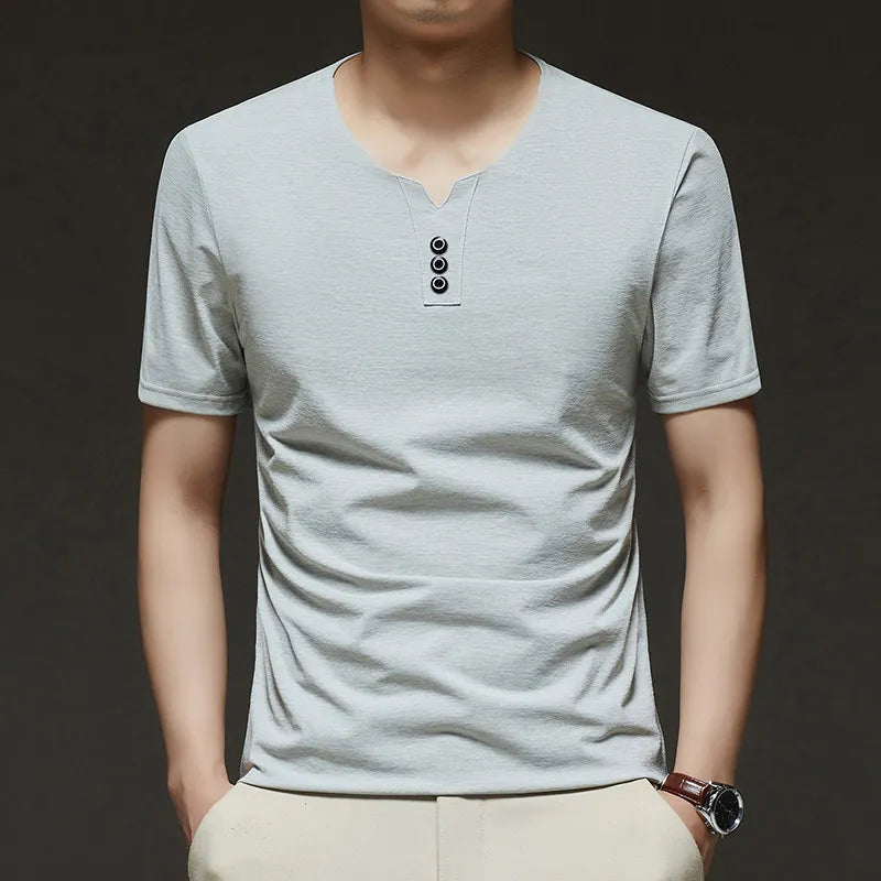 2025 New Men's Business Casual Three Button V-neck Short Sleeved T-shirt Korean Style Summer Comfortable Versatile Top