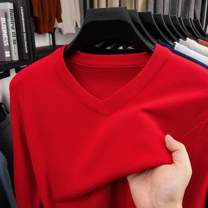2026 Men's V-Neck Basic Solid Color Sweatshirt Warm Autumn Knitted Oversize Pullover Elastic round Neck Sweater for Casual Wear BAZAARHUBO