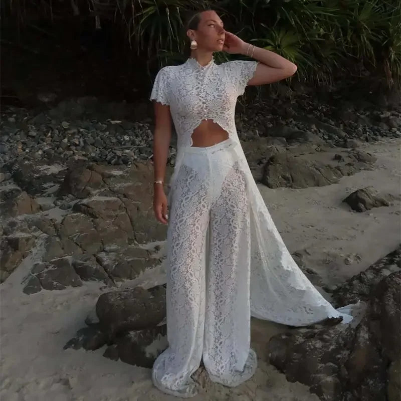 See Through Lace Vest Pant Set Women Beach Sling  Tops Pleated Straight Pants 2026 Summer Vacation Hollow Out Lady Suits