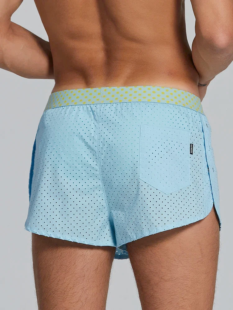 Summer new woven pure cotton Aro pants with side split button design, breathable mesh single-layer sleeping pants for men