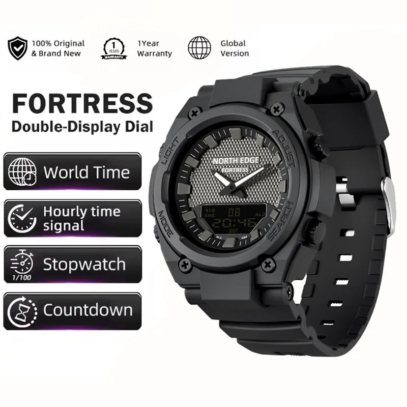 NORTH EDGE FORTRESS 2026 Men's Military Digital Watch Outdoor Sports Waterproof 50M Watches World Time Countdown LED Wristwatch
