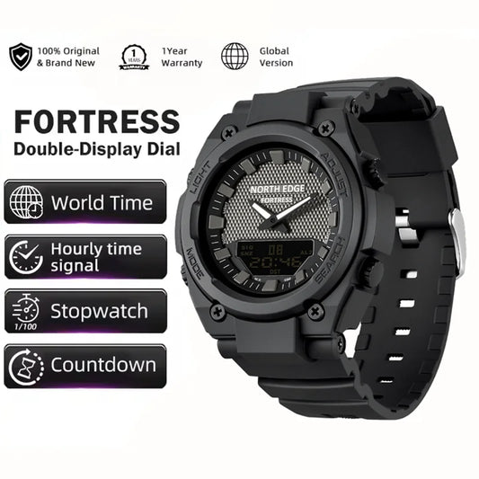 NORTH EDGE FORTRESS 2026 Men's Military Digital Watch Outdoor Sports Waterproof 50M Watches World Time Countdown LED Wristwatch
