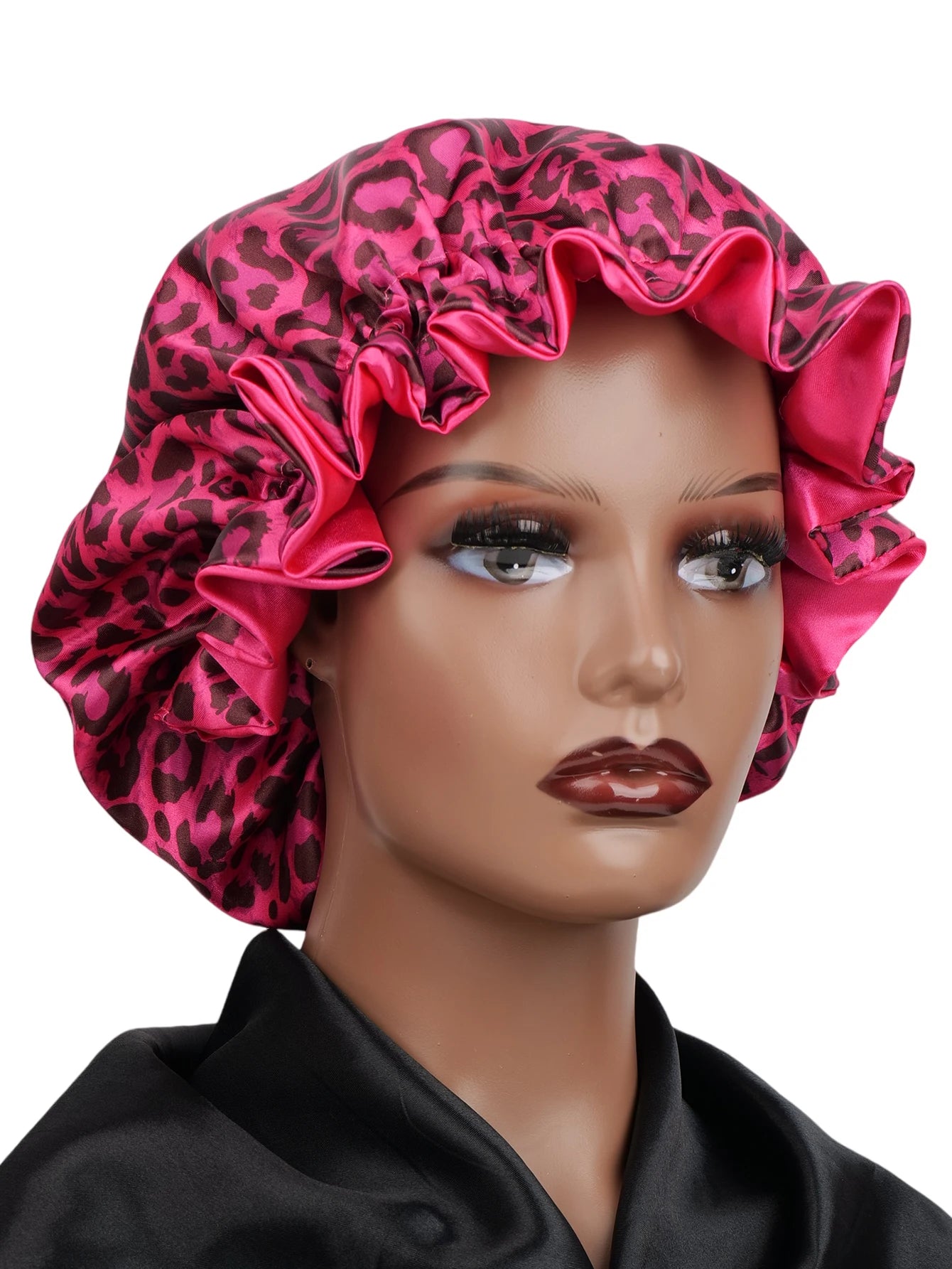 4Pcs Double Layer Satin Hair Bonnet Printed Leopard Splicing Design for Curly And Straight Hair Sleeping Cap BAZAARHUBO