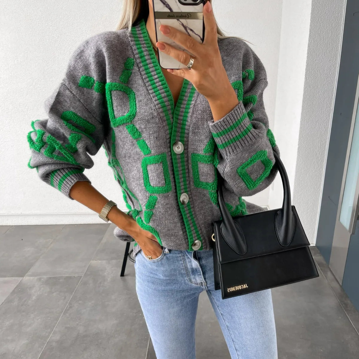 Autumn Winter Jacquard Knitted Coat Women Fashion V-neck Long Sleeve Single Breasted Knitting Cardigan Coats Female Streetwear