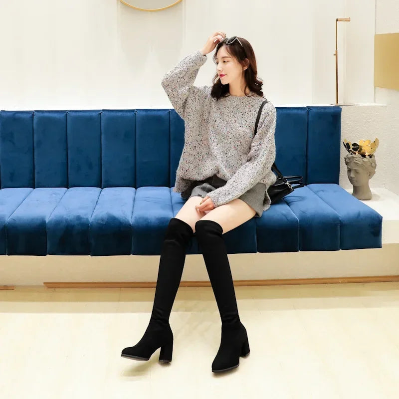Stretch Long Faux Suede Boots Women Over-the-knee Boots Casual Black Sexy Nightclub Platform Shoes for Women Autumn Women Bottes