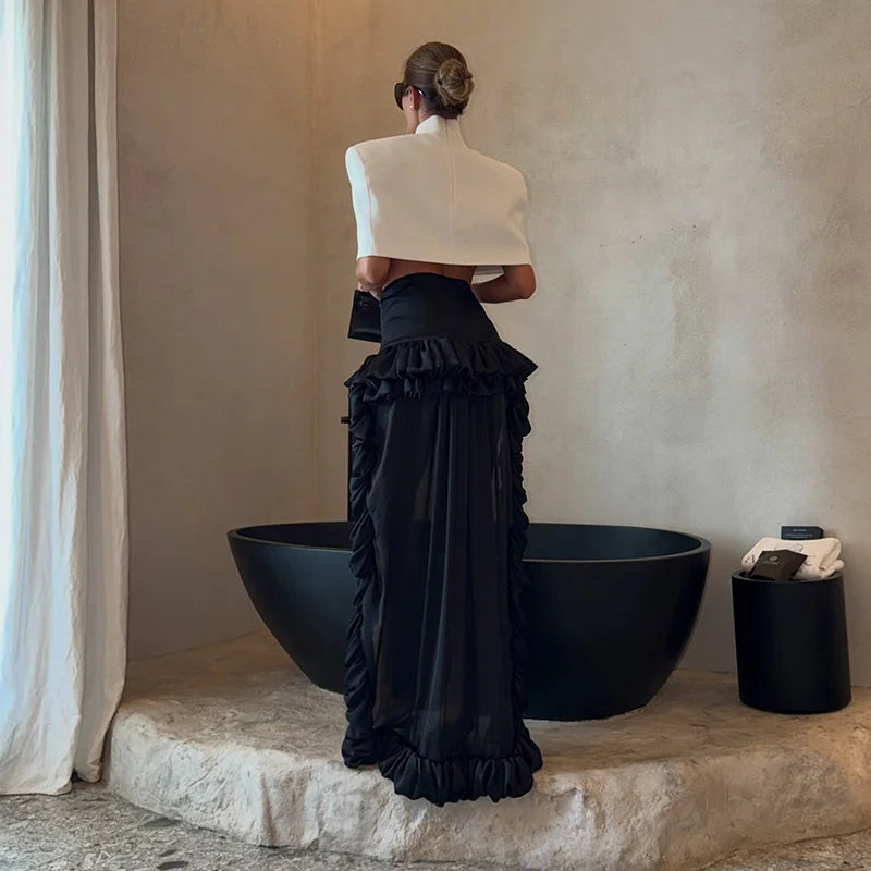 Elegant Stand Collar Women's Cape Skirts Suit Pocket Crop Tops Pleated Mini Skirt Lady Set 2026 Summer Autumn Female Outfits