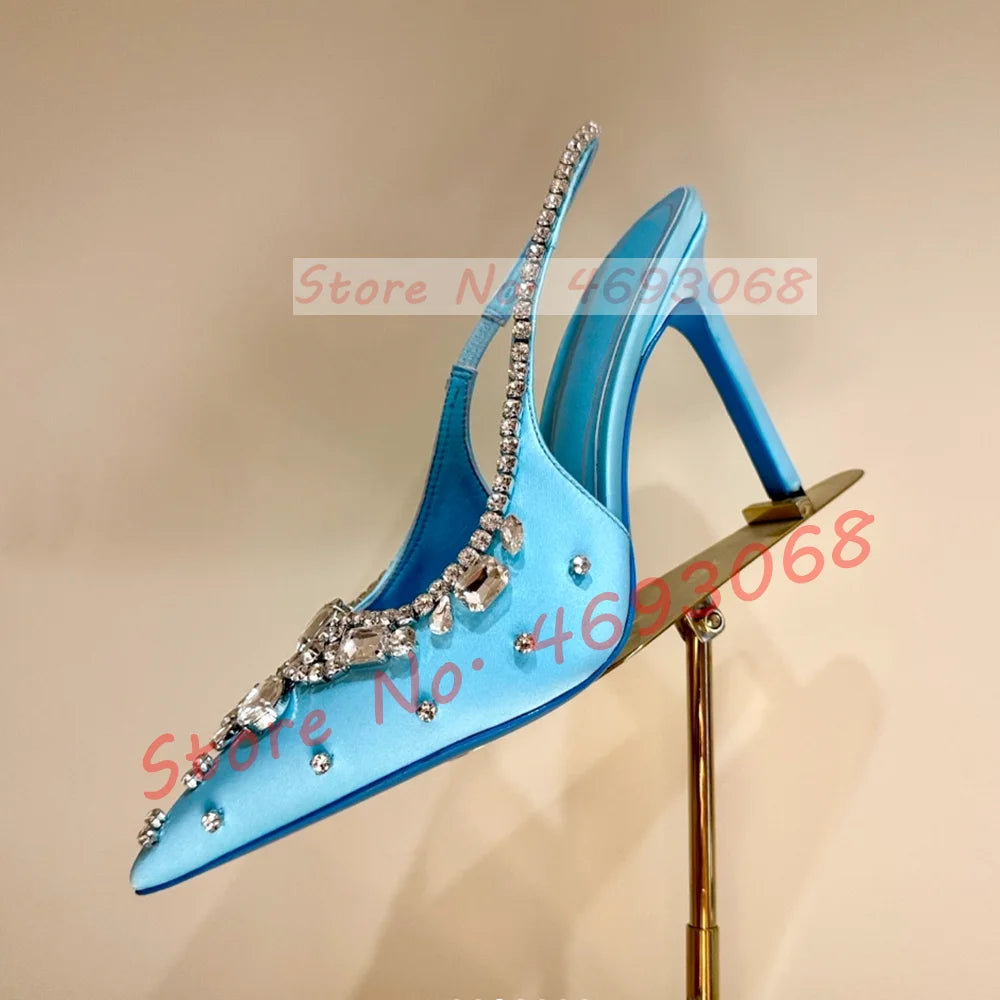 Luxury Crystal Flowers Back Strap Sandals Ladies Trendy Pointy Toe Classy Gems Satin Sandal Women Real Leather Evening Shoes